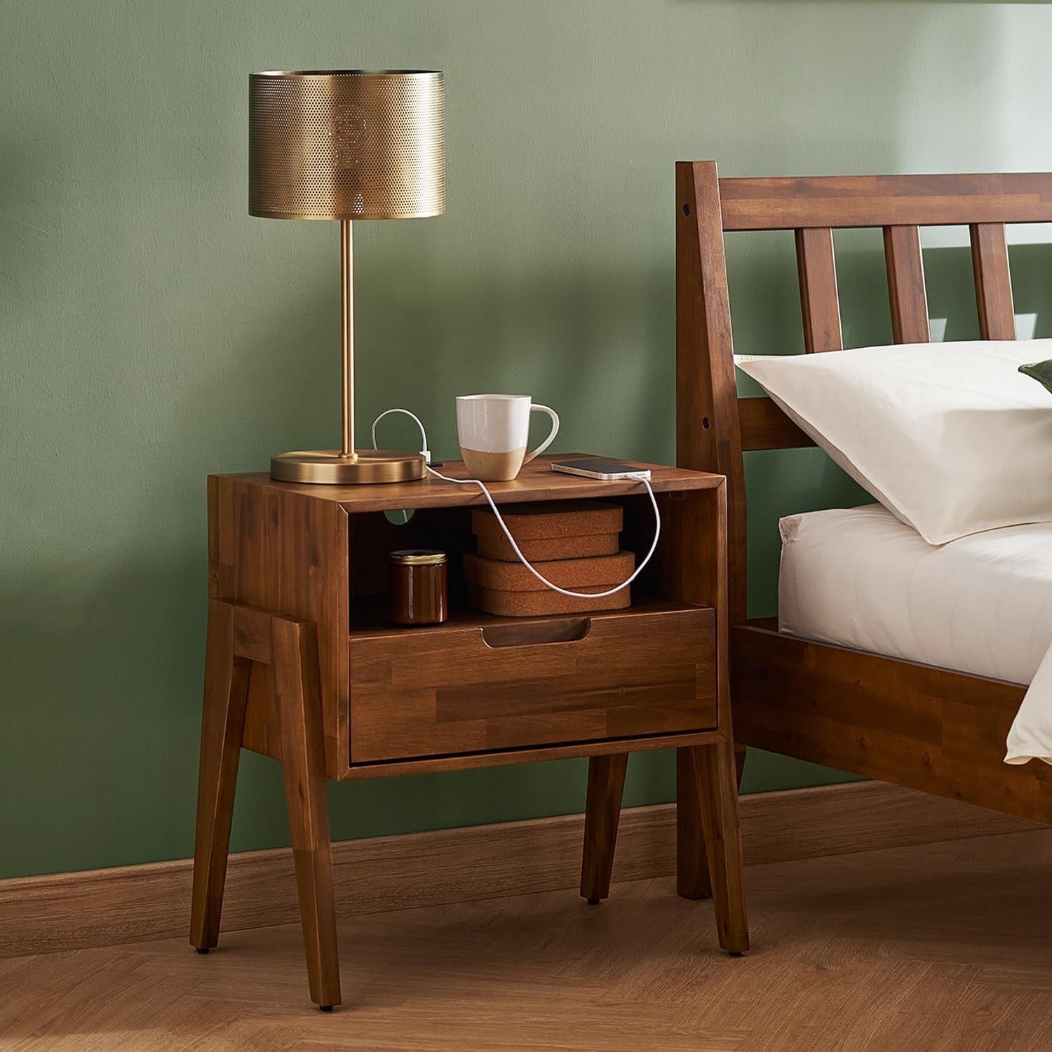 mopio Ted Solid Wood Nightstand with Charging Station, Mid Century Modern Storage Night Stand, Small Side Table Drawer, Bedside, End Table USB C & USB