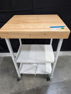 Rustic Wood Top Kitchen Cart with White Metal Frame