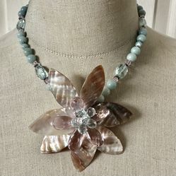 Statement Floral Shell Necklace – Amazonite Beads, Sterling Clasp