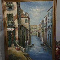 Large Vintage Oil on Canvas Painting of Venetian Street Scene 41x53