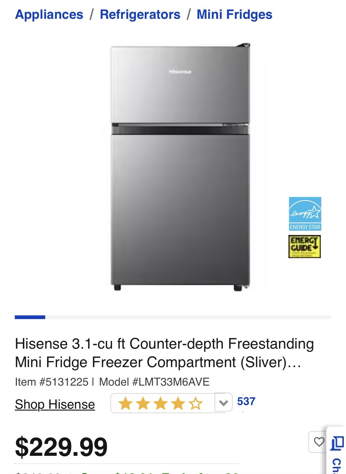 Hisense 3.1-cu ft Counter-depth Freestanding Mini Fridge Freezer  Compartment (Sliver) ENERGY STAR in the Mini Fridges department at