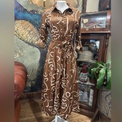 Brown Abstract Print Shirt Dress