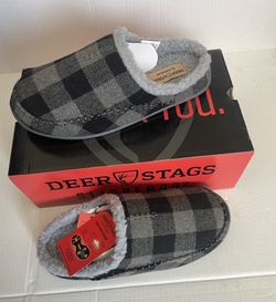 Deer Stags Black/Gray Plaid Indoor - Outdoor Slippers Sz(10)