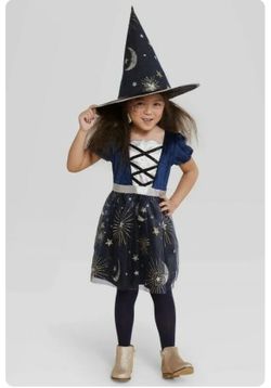 Girl's Midnight Witch Halloween Costume Dress & Hat -7-8