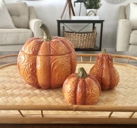 Pier 1 Orange Ceramic Pumpkin Set Salt and Pepper Canister