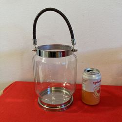 Nautical Pillar Candle Holder Glass & Stainless Steel w/ Leather Handle 6” x 8 1/2”H