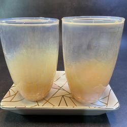 Lot of (1) cute ceramic tray & (2) Light Pink Bree Tumblers.Taking cues from sea glass found along ocean shores, this subtly tinted and textured colle