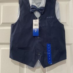 Young Boys Light Blue Button Up Shirt Navy Blue Vest