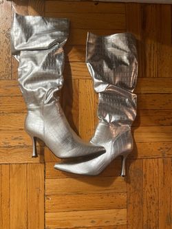 Silver Croc Embossed Stiletto Knee-High Boots