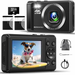 4K 44MP UHD Digital Cameras for Photography - Autofocus Point and Shoot Vlogging Camera with 16X Zoom, 32GB SD Card, 2 Batteries - Compact Small Camer