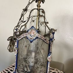 Vintage Porcelain & Etched Glass Hanging Lantern Chandelier – 24” Tall