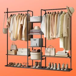 Heavy-Duty Clothes Rack with Shoe Shelf, 6 Storage Shelves, and 2 Hanging Rails for Closet or Wardrobe