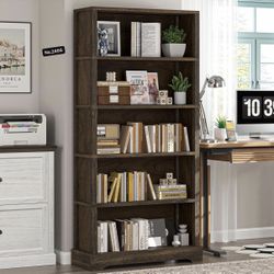 5-Tier Solid Wood Book Shelf, Floor Standing Bookcase, Farmhouse Style Book Case with Arched Base, Suitable for Living Room, Study, Office, Rustic Bro