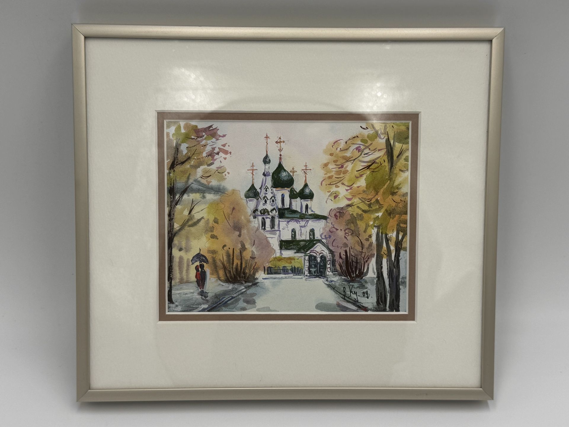 Framed Matted Russian Cathedral Signed Watercolor Ink Fine Art B. Ky. or.