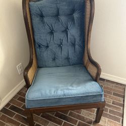Blue velvet and cane wooden chair