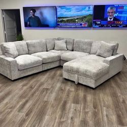 NEW IN  BOX - Grey Sectional With Accent Pillows and STORAGE CHAISE** Finance Available $54 down