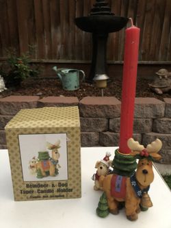 Reindeer and Dog Taper Candle Holder Christmas Holiday