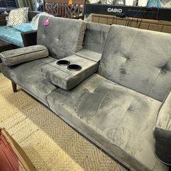 Futon Sofa Grey Velvet Double Cup Holder New Assemble