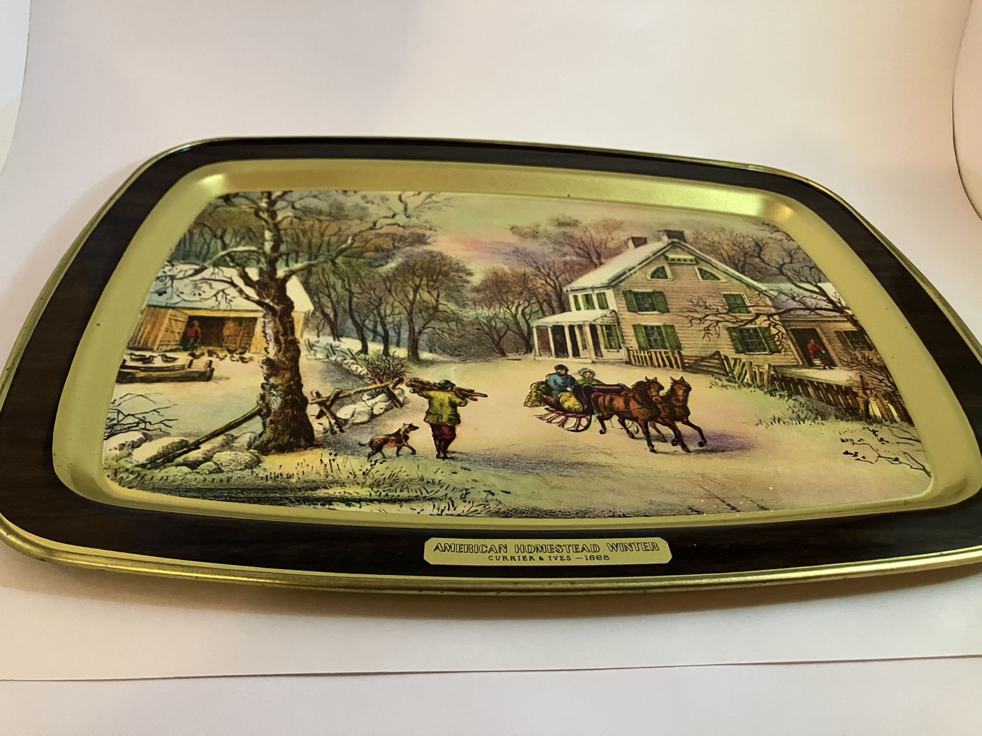 Vintage Pair of Americana Metal Trays - Currier & Ives Winter Scene + Miller High Life Declaration of Independence - $30 OBO