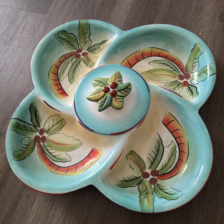 CLAY ART PALM BEACH CERAMIC PALM TREE DIVIDED SNACK SERVING PLATTER