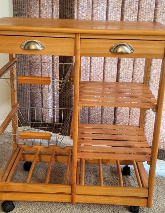 Wood Kitchen Island Storage Trolley Utility Cart Rack w/Storage Drawers/Baskets Dining Stand w/Wheels Counter top. Used Just Like New