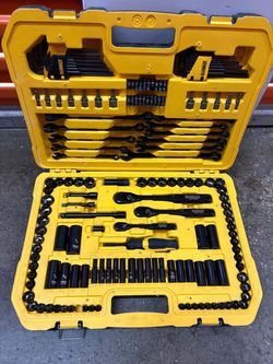DEWALT Black Chrome Mechanics Tool Set (184-Piece) organized inside a yellow hard case.