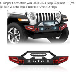 Front Bumper Compatible with 2020-2024 Jeep Gladiator JT (2/4 Doors), with Winch Plate, Paintable Armor, D-rings