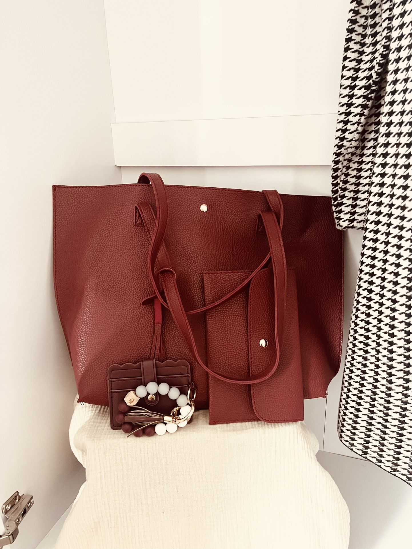 Large Burgundy Tote Bag With Medium Wallet And Small Wallet 