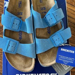 Birkenstock New Arizona Sky Blue Suede Soft Footbed Sandal