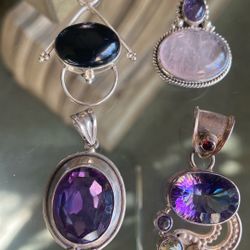 Sterling Silver & Semi-precious Stones Necklace Pendants Set Of 4 