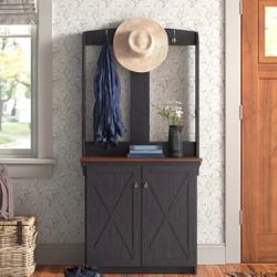 Saint Birch Hawksbury Wood Hall Tree and Cabinet Off - Black and wood color