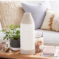 MUST SELL nice like new large decorative vase two - tone colorblock textured brushed stoneware white glaze neutral coastal boho hobby lobby