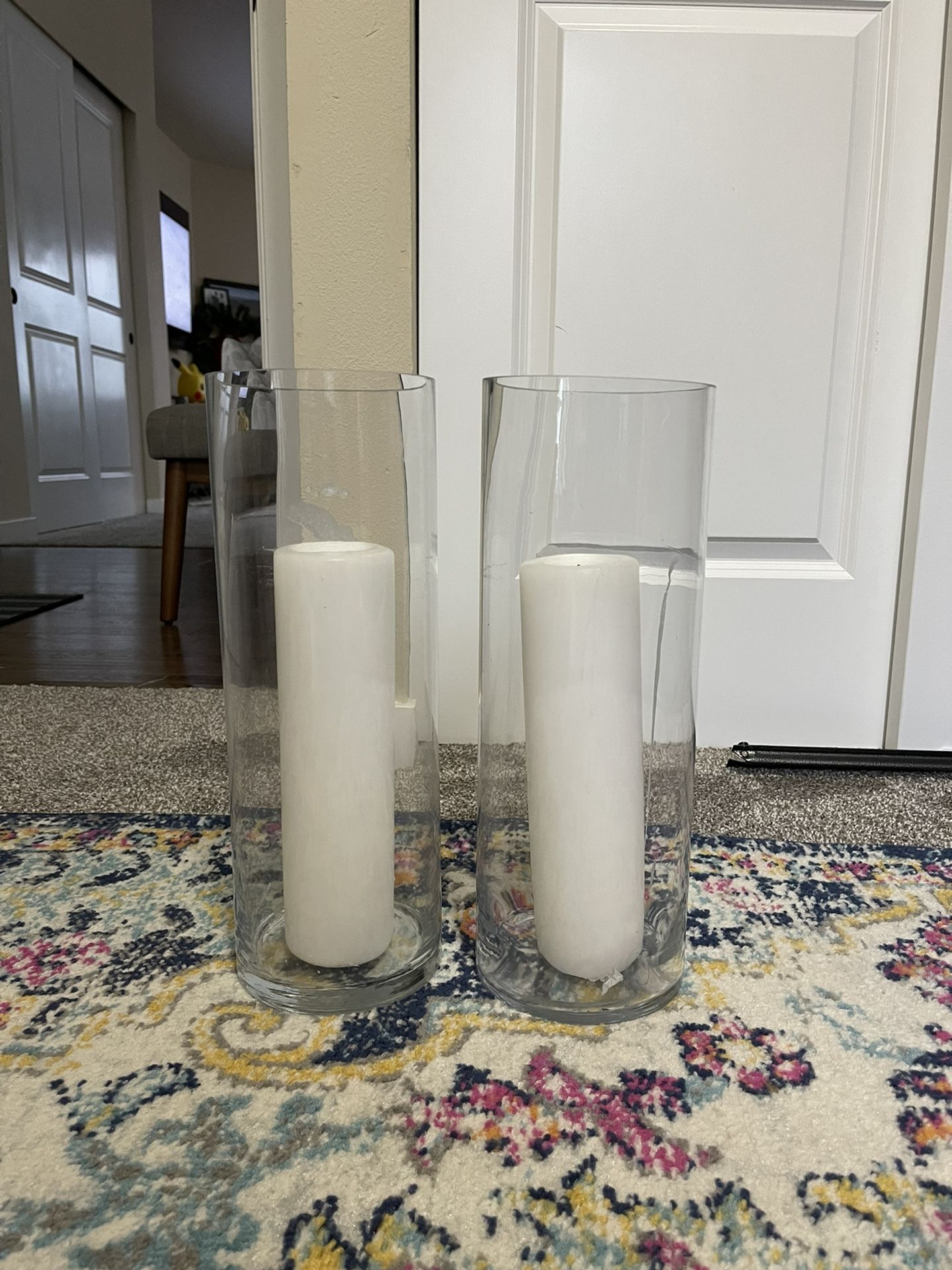 11 Glass Hurricane Candle Vases (15in) w/ Candles 