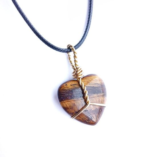 Tiger's eye heart shaped wire wrapped pendant on 20 inch black cord necklace new