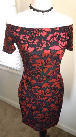 Off the shoulder Red and Black Floral Dress