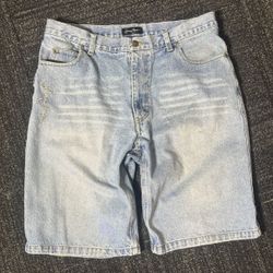 vintage Sean John Southpole light blue wash whisker fade carpenter denim jorts 