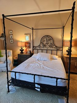 Queen Black Metal Canopy Bed Frame with Bird and Vine Motif