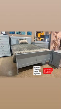 Beautiful blue Sleigh Bedroom Set – Bed, Dresser, Mirror, Nightstand