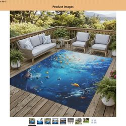 Ocean Blue Coastal Theme Tropical Fish Waterproof Washable Outdoor Rug for Patio Pool Deck Garden Balcony Backyard Large No Skid Outside Rug