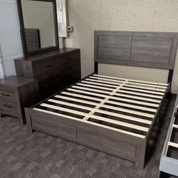 Grey Brown Queen Dresser Bed Set 