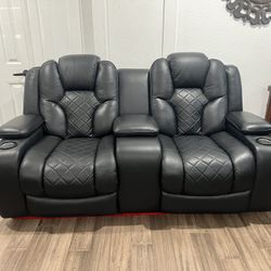 Premier Black Leather Power Reclining Console Loveseat 