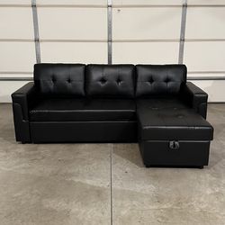 New Black Leather Couch / Sofa Bed Sectional with Chaise (Can Deliver)