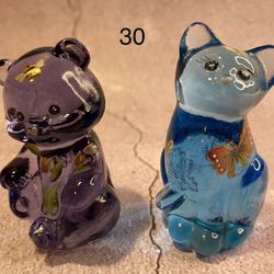 Two FENTON hugs for you bear (1) hand painted  Art Glass &  Blue Sitting Cat (1)  Kitten. Both with Felton stickers.