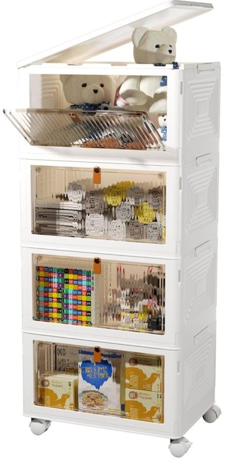 4 Tier Stackable Storage Bins with Lids, 23Qt Plastic Storage Containers with Magnetic Doors & Wheels, Collapsible Storage Bins Closet Organizers