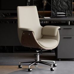 🟢 Gray Leather Office Chair Wood Grain Frame 