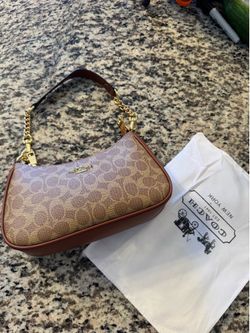 Coach Signature Monogram Demi Pouch Bag - Tan/Brown Leather Trim