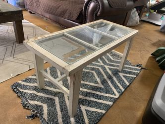 Vintage White Distressed Wood Coffee Table With Glass