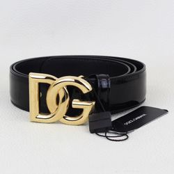 Dolce & Gabbana Black Patent Leather Belt Gold DG Buckle - Size 34”