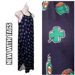 NWT Kojooin St Patricks Day Pattys Clover Navy Blue Maxi Dress size Large L