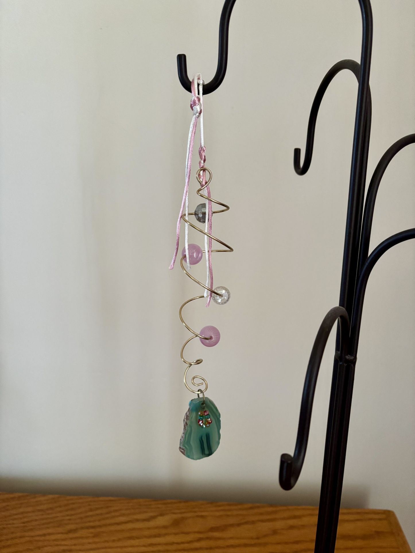 Handmade Wire Beaded Ornament with Polished Green Blue Stone and Metal Multiple Hook Display Stand